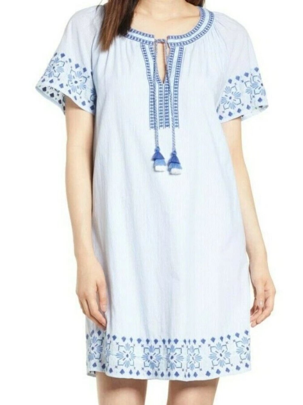VINEYARD VINES SEA SPRAY STRIPE & TASSEL EMBROIDERED DRESS HYDRANGE M